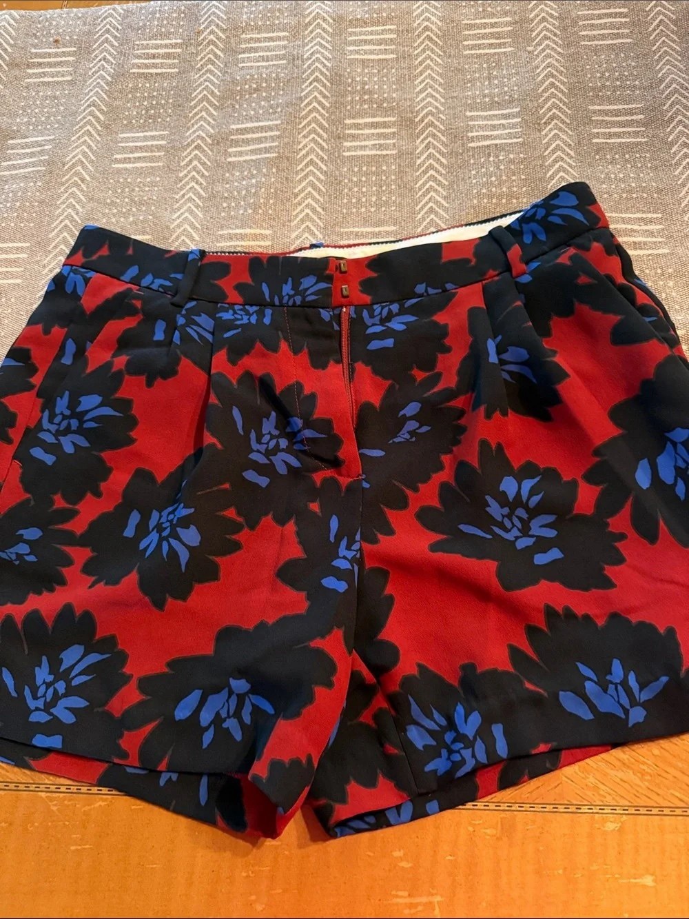 J. Crew Red Floral High-Rise Shorts with Black and Blue Print
